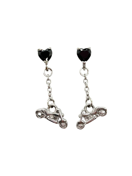 SK2708E Heart Crystal Motorcycle Earrings - Black Stone Earrings