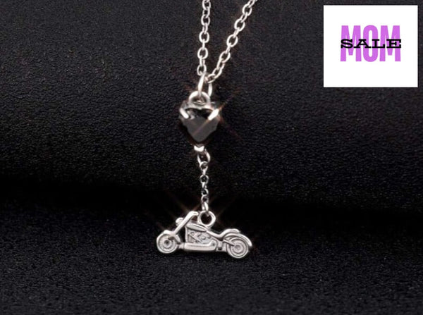Sk2708N Heart Crystal Motorcycle Necklace - Black Stone Necklaces