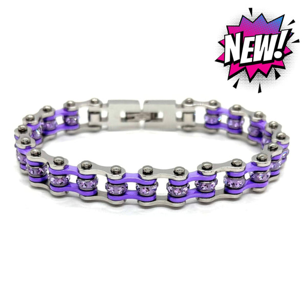 SK2806 3/8’’ MINI MINI Silver Violet Violet Crystals - Stainless Steel Motorcycle Bike Chain Bracelet Ladies Bracelets