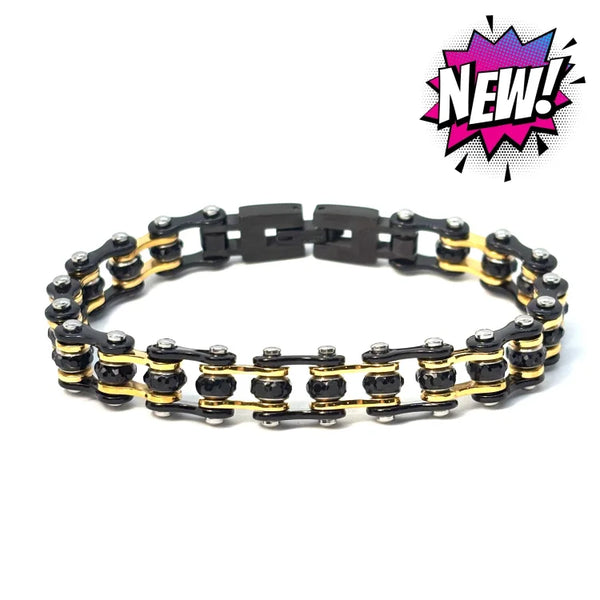 SK2807 3/8’’ MINI MINI Black Gold Black Crystals - Stainless Steel Motorcycle Bike Chain Bracelet Ladies Bracelets
