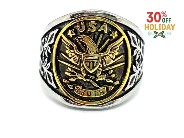 Sk6202 Mens Patriotic Usa Truth Ring Silver With Gold Face Low Profile Rings