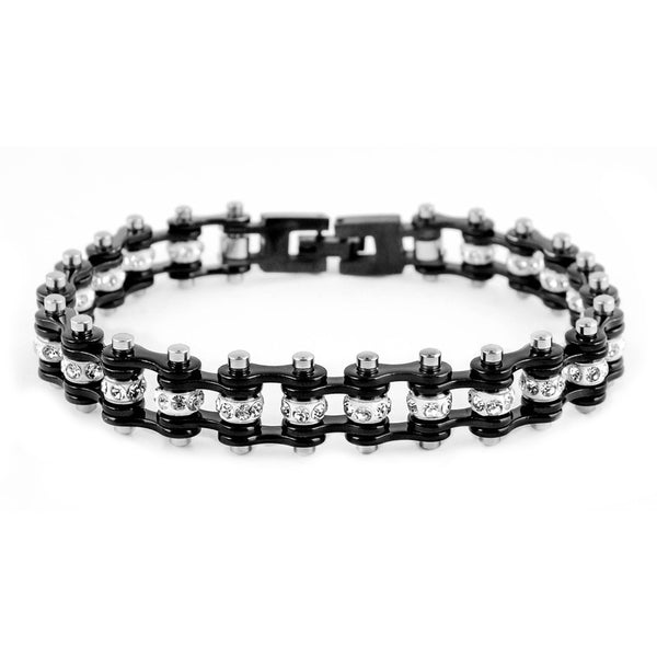 SK2017 3/8" Wide MINI MINI SIZE All Black With White Crystal Centers Stainless Steel Motorcycle Bike Chain Bracelet