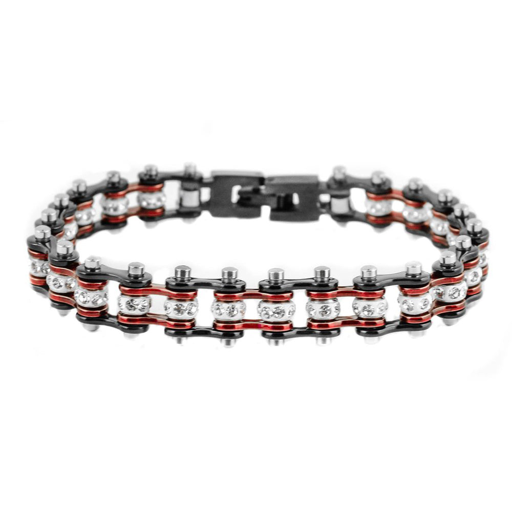 SK2006 3/8" Wide MINI MINI SIZE Two Tone Black Candy Red With White Crystal Centers Stainless Steel Motorcycle Bike Chain Bracelet