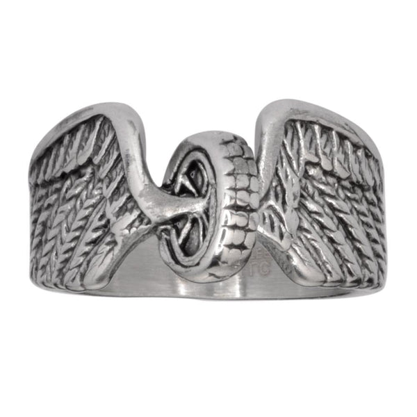 SK1042  Ladies Keep Us Safe Ring Wheel With Wings Stainless Steel Motorcycle Jewelry  Size 5-10