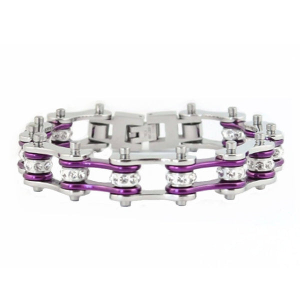 SK1103 1/2" Wide Two Tone Silver Candy Purple With White Crystal Centers Stainless Steel Motorcycle Bike Chain Bracelet