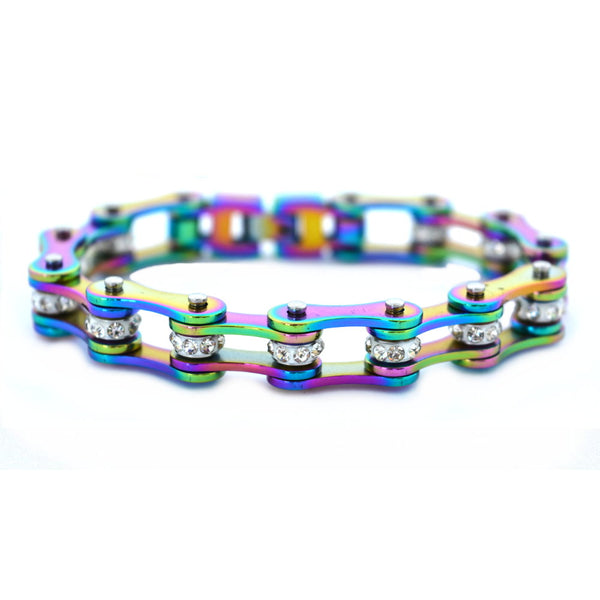 SK1209 1/2" Wide All Rainbow With White Crystal Centers Stainless Steel Motorcycle Bike Chain Bracelet
