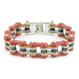 SK1339 3/4" Wide Tri Color Red Grey Black Leather Double Link Design Men's Stainless Steel Motorcycle Chain Bracelet