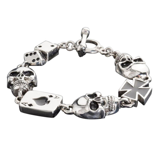 SK1364 Men's "Poker Run" Skull Bracelet Stainless Steel Heavy Metal Jewelry