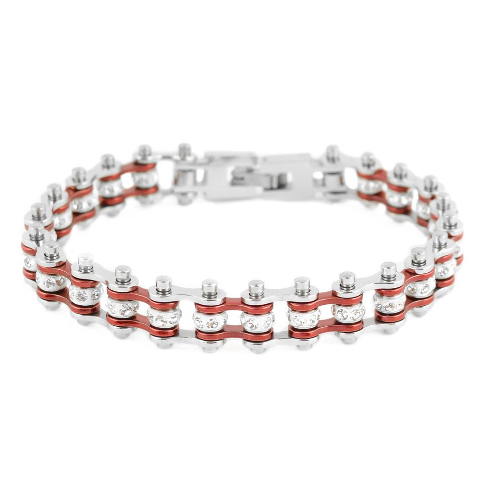 SK2014 3/8" Wide MINI MINI SIZE Two Tone Silver Candy Red With White Crystal Rollers Stainless Steel Motorcycle Bike Chain Bracelet