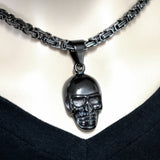 SK1420G Gunmetal Skull 2 1/4" Tall With 26" Byzantine Link Chain Stainless Steel Motorcycle Jewelry