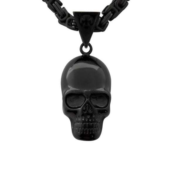 SK1422G Skull 3" Tall 26" With Byzantine Link Chain Stainless Steel Motorcycle Jewelry