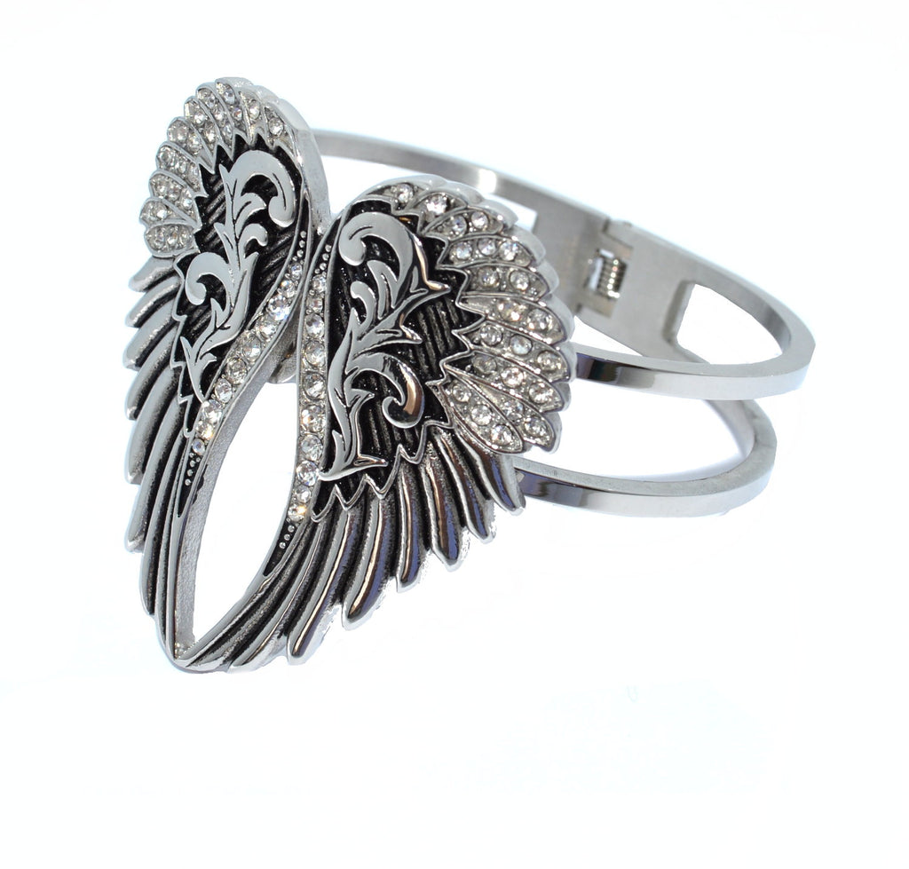 SK2551A Wings Heart Bangle 7.75" Imitation Diamonds Stainless Steel Heavy Metal Jewelry