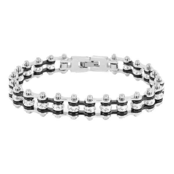SK2016 3/8" Wide MINI MINI SIZE Two Tone Silver Black With White Crystal Centers Stainless Steel Motorcycle Bike Chain Bracelet