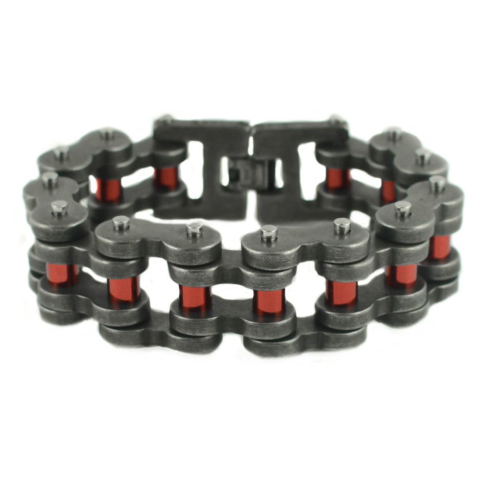 SK1817 Distressed Antique Finish 1" Wide With Candy Red Rollers THICK LINK Stainless Steel Motorcycle Chain Bracelet