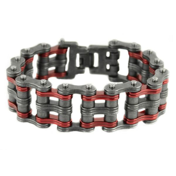 SK1829 Two Tone 1" Wide Distressed Finish Candy Red Unisex Stainless Steel Motorcycle Chain Bracelet