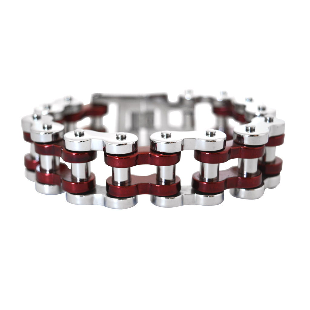 SK1799 Silver Tone/ Candy Red 1" Wide Unisex Stainless Steel Motorcycle Chain Bracelet