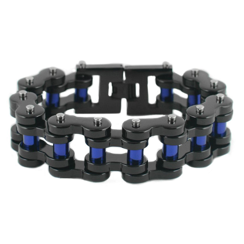 SK1816 1" Wide Black With Blue Rollers THICK LINK Men's Stainless Steel Motorcycle Chain Bracelet
