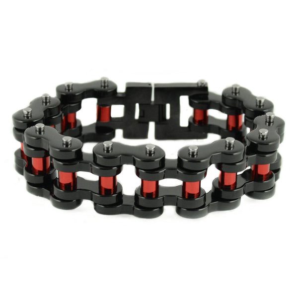 SK1826 1" Wide Black With Red Rollers THICK Stainless Steel Motorcycle Chain Bracelet