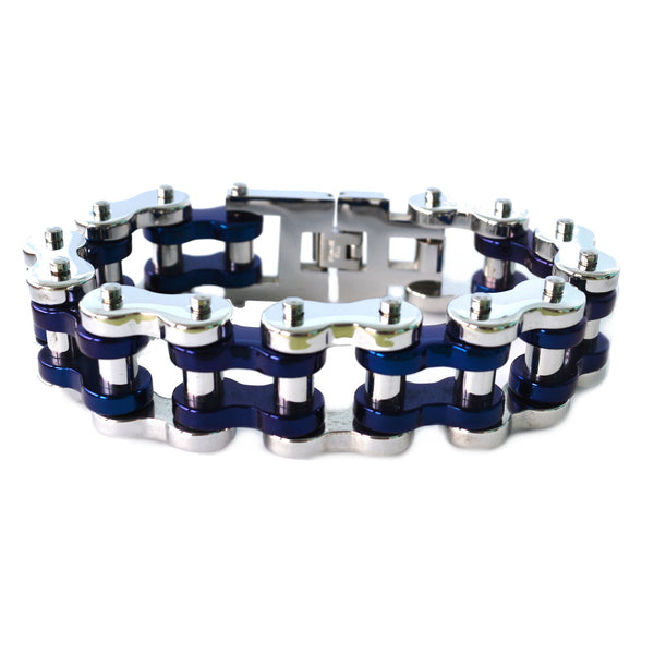 SK1797 Silver Tone/ Blue 1" Wide Unisex Stainless Steel Motorcycle Chain Bracelet