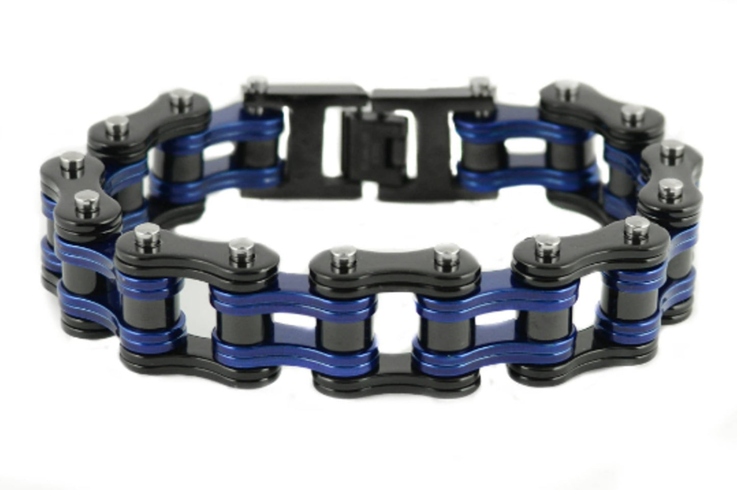 SK1830 Black Blue 3/4" Wide Double Link Design Unisex Stainless Steel Motorcycle Chain Bracelet