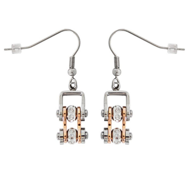 SK1844E MINI MINI SIZE EARRINGS Two Tone Silver Rose Gold With White Crystal Centers Stainless Steel Motorcycle Bike Chain