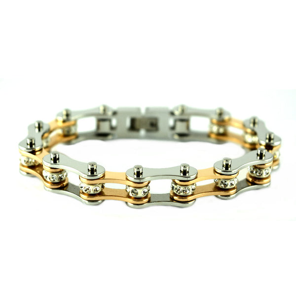 SK1852 1/2" Wide Silver Rose Gold Color With White Crystal Centers Stainless Steel Motorcycle Bike Chain Bracelet