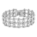 SK1851 1" Wide All Silver Tone New Drive Chain Design Double Roller Design Stainless Steel Motorcycle Chain Bracelet