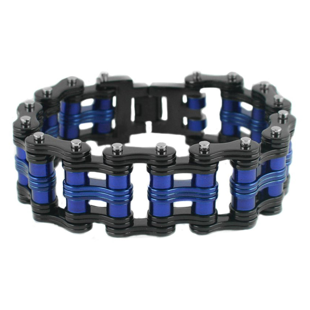 SK1812 Two Tone Black Blue Wide Unisex Stainless Steel Motorcycle Chain Bracelet