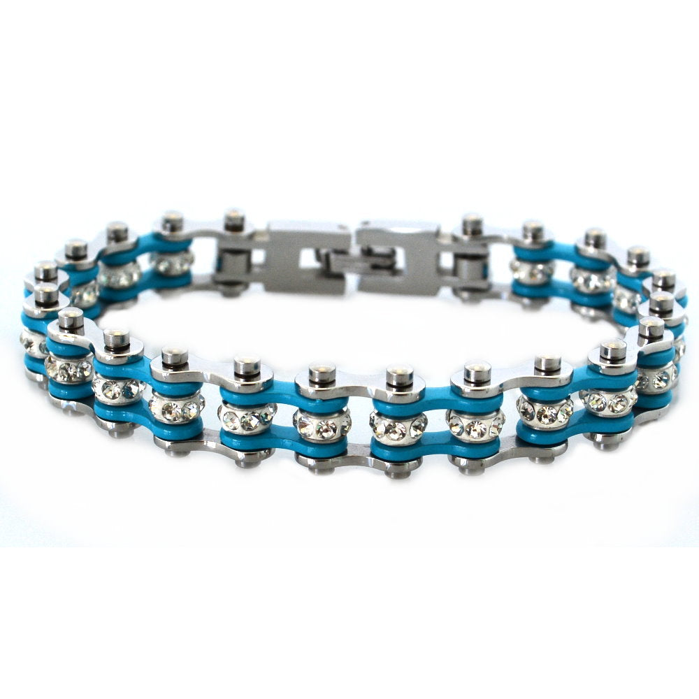 SK2004 3/8" Wide MINI MINI SIZE Two Tone Silver Turquoise With White Crystal Centers Stainless Steel Motorcycle Bike Chain Bracelet