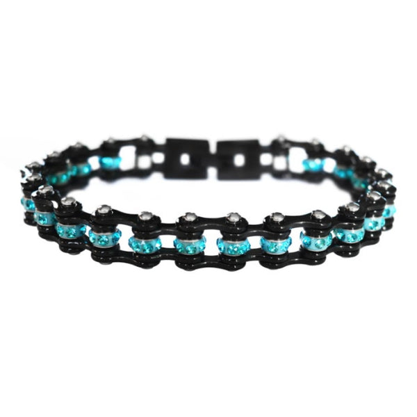 SK2008 3/8" Wide MINI MINI SIZE All Black With Aqua Crystal Centers Stainless Steel Motorcycle Bike Chain Bracelet