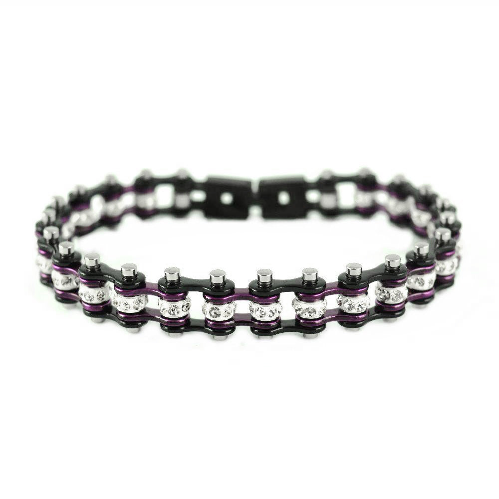 SK2009 3/8" Wide MINI MINI SIZE Two Tone Black Candy Purple With White Crystal Centers Stainless Steel Motorcycle Bike Chain Bracelet