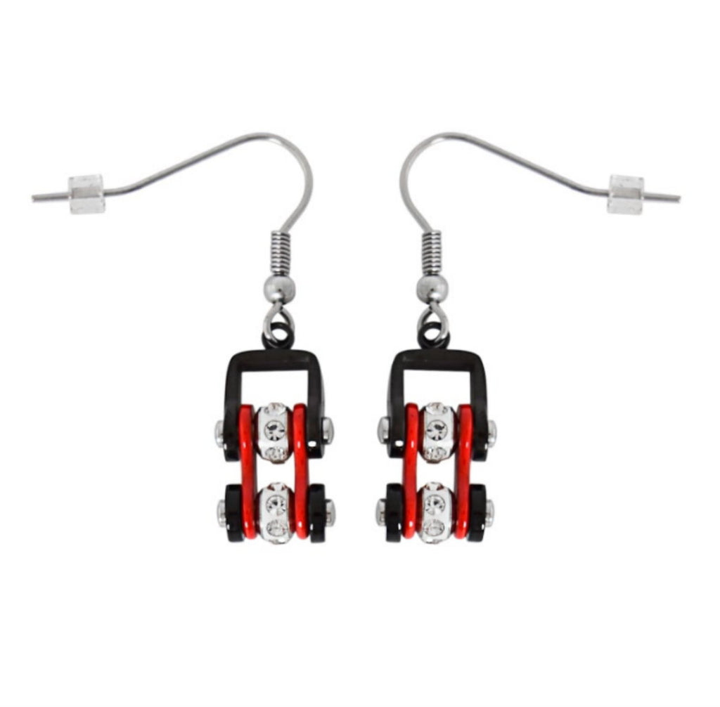 SK2019E Mini Mini Size Earrings Two Tone Black Red with White Crystal Centers Stainless Steel Motorcycle Bike Chain