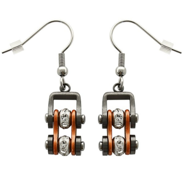 SK2022E  Gunmetal/Beryllium Orange Silver Crystal Centers Bike Chain Earrings Stainless Steel Motorcycle Biker Jewelry