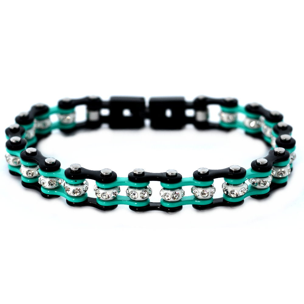 SK2023 3/8" Wide MINI MINI SIZE Two Tone Black Aquamarine With White Crystal Centers Stainless Steel Motorcycle Bike Chain Bracelet
