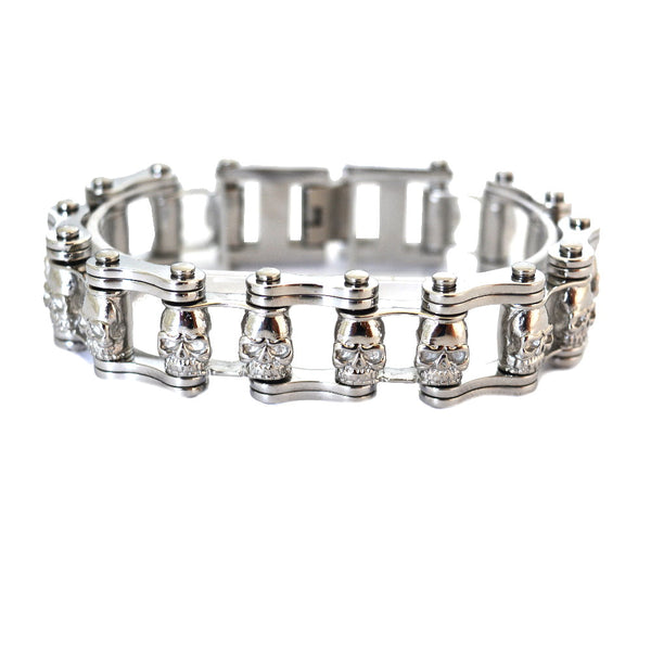 SK2030 3/4" Wide All Stainless With Skull Centers Stainless Steel Motorcycle Bike Chain Bracelet
