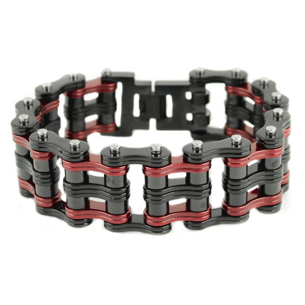 SK1833 Two Tone 1" Wide Black Red Unisex Stainless Steel Motorcycle Chain Bracelet