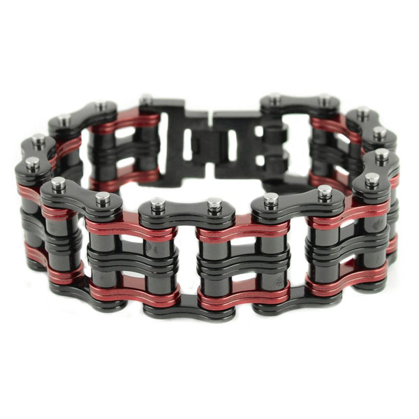 SK1833 Two Tone 1" Wide Black Red Unisex Stainless Steel Motorcycle Chain Bracelet
