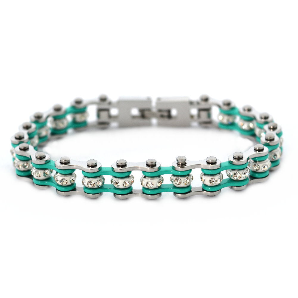 SK2021 3/8" Wide MINI MINI SIZE Two Tone Silver Aquamarine With White Crystal Centers Stainless Steel Motorcycle Bike Chain Bracelet