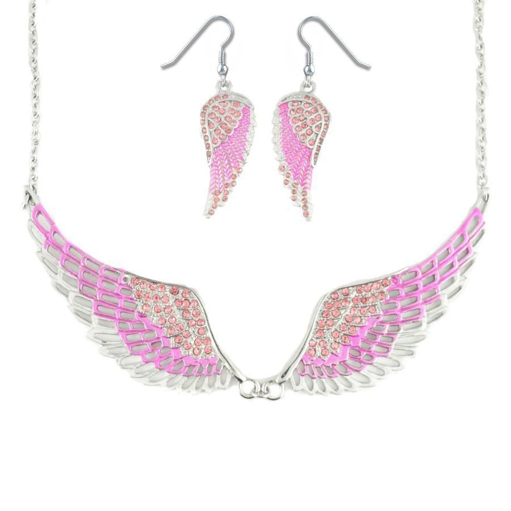 SK2238B Combo Set  Pink Painted Winged Earring  +  Pink Painted Winged Necklace  Pink Imitation Crystal