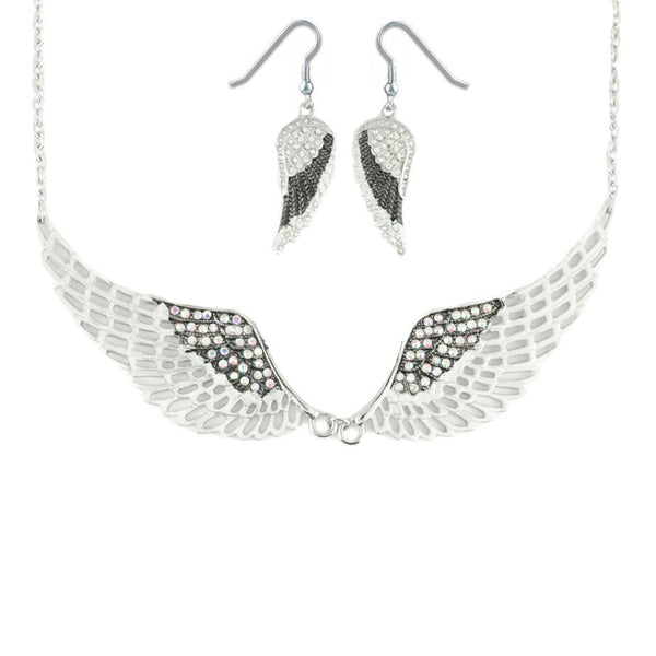 SK2240B Combo Set  Black Painted Winged Earring  +  White Painted Winged Necklace White Imitation Crystals