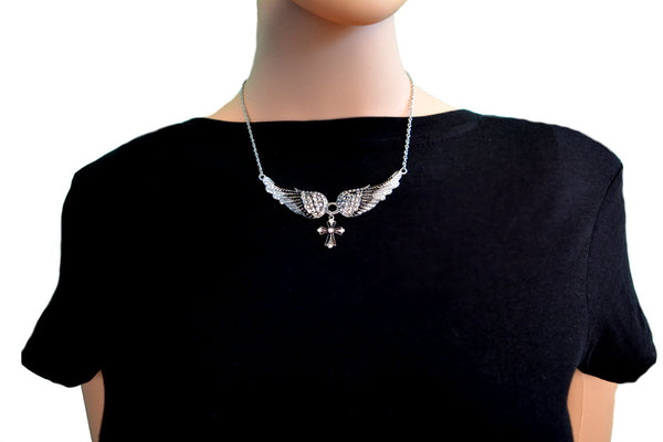 SK2323 Small Black Painted Winged Necklace With Cross White Imitation Crystals