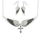 SK2242B Combo Set  Black Painted Winged Leverback Earring  +  Black Painted Winged Cross Necklace White Imitation Crystals