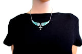 SK2322 Small Seafoam Green Painted Winged Necklace With Cross White Imitation Crystals