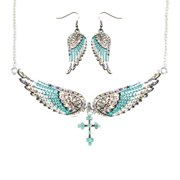 SK2244B Combo Set Seafoam Painted Winged Earring + Seafoam Painted Winged Cross Necklace White Imitation Iridescence Crystals