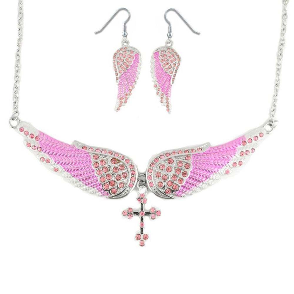 SK2245B Combo Set  Pink Painted Winged Leverback Earring  +  Pink Painted Winged Cross Necklace  Pink Imitation Crystal