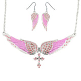 SK2245B Combo Set  Pink Painted Winged Leverback Earring  +  Pink Painted Winged Cross Necklace  Pink Imitation Crystal