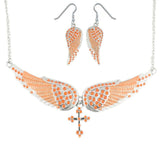 SK2246B Combo Set  Orange Painted Winged Leverback Earring  +  Orange Painted Winged Necklace  Orange Imitation Crystal