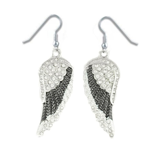 SK2250 Black Painted Winged French Wire Earring White Imitation Crystals