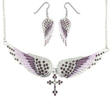 SK2251B Combo Set  Purple Painted Winged Leverback Earring + Purple Painted Winged Necklace Purple Imitation Crystals