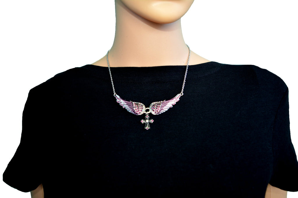 SK2321 Small Purple Painted Winged Necklace With Cross Purple Imitation Crystals